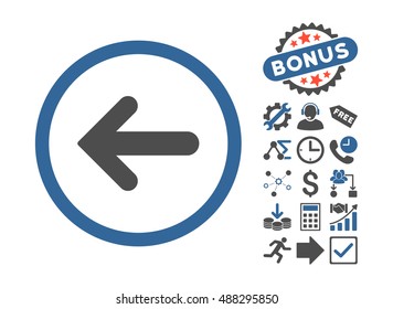 Arrow Left pictograph with bonus clip art. Vector illustration style is flat iconic bicolor symbols, cobalt and gray colors, white background.