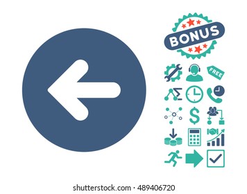 Arrow Left pictograph with bonus clip art. Vector illustration style is flat iconic bicolor symbols, cobalt and cyan colors, white background.
