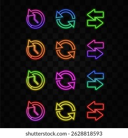 Arrow left and right arrow icon. arrow with clock symbol. neon style.