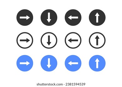 Arrow left, right, up, down icon. Direction symbol. Next signs. Back symbols. Round button icons. Black, blue color. Vector isolated sign.