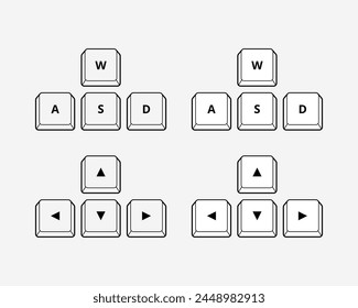 Arrow left, right, up, down, w, a, s, d keys on computer keyboard isolated icon. Keyboard buttons.