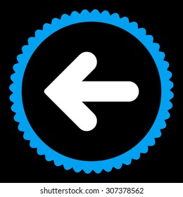 Arrow Left round stamp icon. This flat vector symbol is drawn with blue and white colors on a black background.