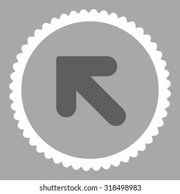 Arrow Up Left round stamp icon. This flat vector symbol is drawn with dark gray and white colors on a silver background.