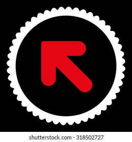Arrow Up Left round stamp icon. This flat vector symbol is drawn with red and white colors on a black background.