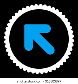 Arrow Up Left round stamp icon. This flat vector symbol is drawn with blue and white colors on a black background.