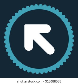 Arrow Up Left round stamp icon. This flat vector symbol is drawn with blue and white colors on a dark blue background.