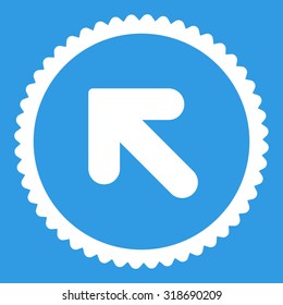 Arrow Up Left round stamp icon. This flat vector symbol is drawn with white color on a blue background.