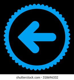 Arrow Left round stamp icon. This flat vector symbol is drawn with blue color on a black background.