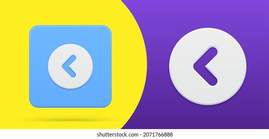 Arrow left simple 3d icon circle squared button vector illustration. Back direction pointer web design element emblem. Backward interface navigation directional cyberspace past point