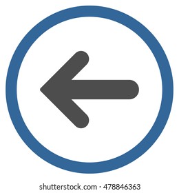 Arrow Left vector bicolor rounded icon. Image style is a flat icon symbol inside a circle, cobalt and gray colors, white background.