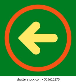 Arrow Left vector icon. This rounded flat symbol is drawn with orange and yellow colors on a green background.