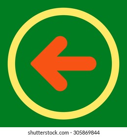 Arrow Left vector icon. This rounded flat symbol is drawn with orange and yellow colors on a green background.
