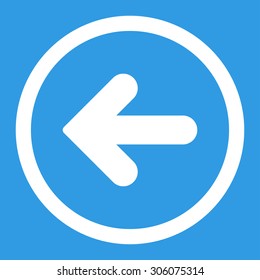 Arrow Left vector icon. This rounded flat symbol is drawn with white color on a blue background.