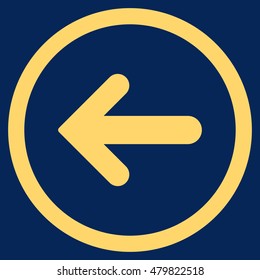Arrow Left vector rounded icon. Image style is a flat icon symbol inside a circle, yellow color, blue background.