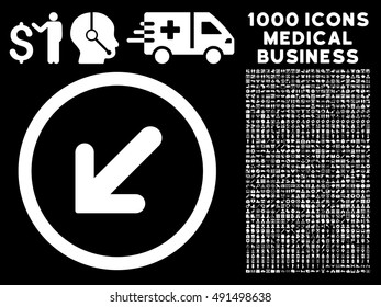 Arrow Left-Down icon with 1000 medical commerce white vector design elements. Collection style is flat symbols, black background.