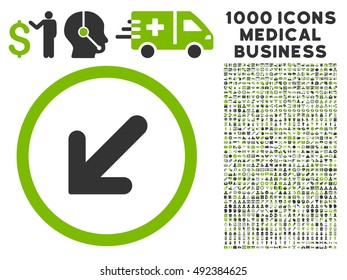 Arrow Left-Down icon with 1000 medical commerce eco green and gray vector design elements. Design style is flat bicolor symbols, white background.