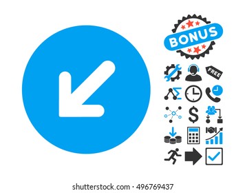 Arrow Left-Down pictograph with bonus icon set. Vector illustration style is flat iconic bicolor symbols, blue and gray colors, white background.