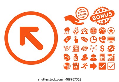 Arrow Left-Up pictograph with bonus elements. Vector illustration style is flat iconic symbols, orange color, white background.