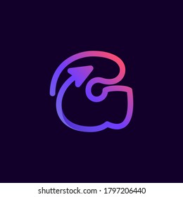 Letra de flecha G multimedia y logotipo de línea de reproducción. Este icono se puede usar para publicidad de una empresa de música, arte digital, identidad tecnológica, etc.