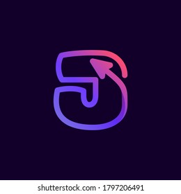 Letra de flecha J multimedia y logotipo de línea de reproducción. Este icono se puede usar para publicidad de una empresa de música, arte digital, identidad tecnológica, etc.