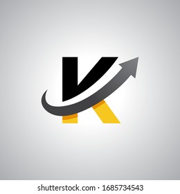 Arrow letter K logo design, creative letter mark suitable for company brand identity, business chart/graph logo template swoosh logo, black and yellow concept.