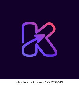 Arrow letter K multimedia and play line logotype. This icon can be used for a music company advertising, digital art, technology identity, etc.