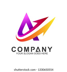 arrow letter A logo, fast motion vector, delivery service icon, speed arrow, travel and transportation symbol, media tech logo design, abstract arrow business logo template