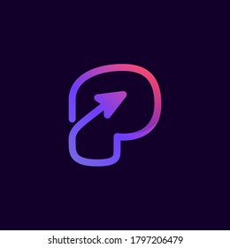 Arrow letter P multimedia and play line logotype. This icon can be used for a music company advertising, digital art, technology identity, etc.