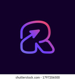 Arrow letter R multimedia and play line logotype. This icon can be used for a music company advertising, digital art, technology identity, etc.