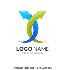 arrow and letter x logo concept, modern 3d logo style in gradient blue and green color