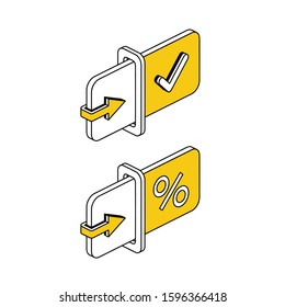 Arrow level percent check mark. Vector line, 3d stroke isometric, color web icon, new flat style. Creative illustration design, abstract idea for infographics.