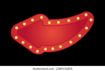 Arrow with light in retro style. A burst of nostalgia awaits with this red, retro-style arrow symbol set against a striking black backdrop, enhanced by warm lantern light. Vector illustration.