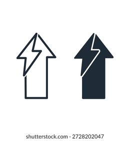 Flecha con relámpago. Dirección del impacto fuerte. Ilustración de icono lineal de Vector aislado sobre fondo blanco.