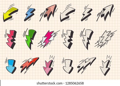 Arrow and lightning flash comic book and doodle style elements. Vector cartoon icons set isolated on a notebook page background.