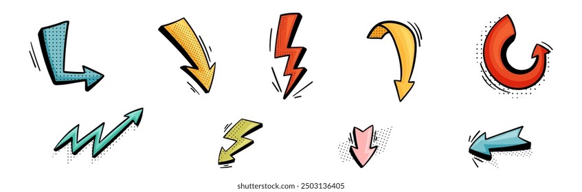 Arrow and Lightning Flash with Pointed End Doodle Style Element Vector Set