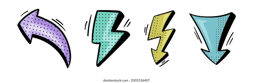 Arrow and Lightning Flash with Pointed End Doodle Style Element Vector Set