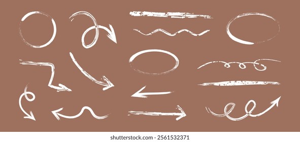 Arrow line brush hand drawn, circle and ellipse, crayon texture white pen sketch, chalk scribble icon, grunge element set on mocha mousse color background 2025 year. Handwritten vector illustration