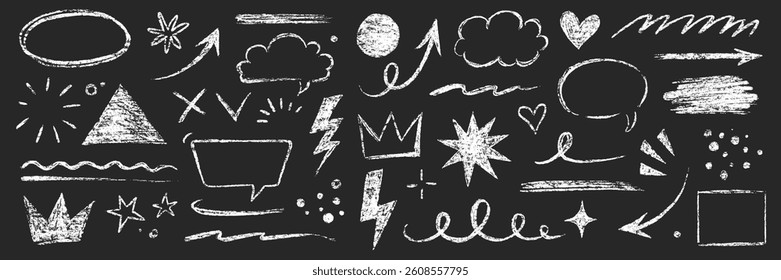 Arrow line chalk brush hand drawn sketch element set. Grunge square, heart, arrow element scribble line brush hand drawn pencil sketch. Texture chalk, crayon pencil style. Vector illustration