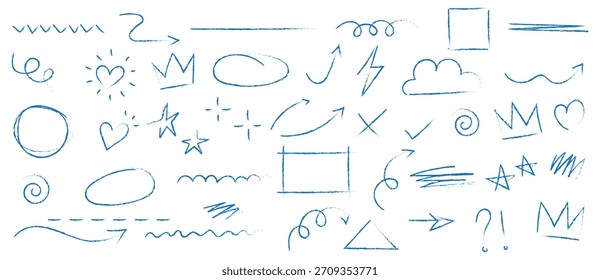 Conjunto de elementos de boceto dibujado a mano con pincel de tiza de línea de flecha. Grunge cuadrado, corazón, elemento de flecha garabato línea pincel dibujado a mano boceto a lápiz. Tiza de textura, estilo lápiz de crayón. Ilustración vectorial