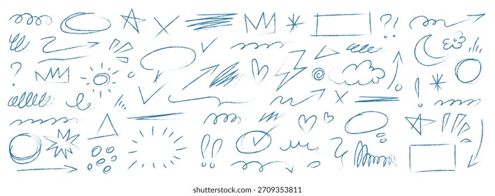 Arrow line chalk brush hand drawn sketch element set. Grunge square, heart, arrow element scribble line brush hand drawn pencil sketch. Texture chalk, crayon pencil style. Vector illustration