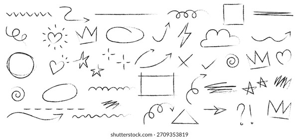 Conjunto de elementos de boceto dibujado a mano con pincel de tiza de línea de flecha. Grunge cuadrado, corazón, elemento de flecha garabato línea pincel dibujado a mano boceto a lápiz. Tiza de textura, estilo lápiz de crayón. Ilustración vectorial