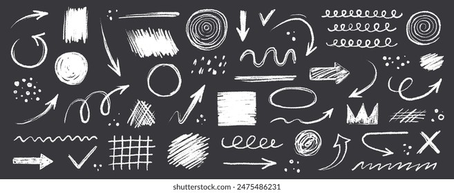 Arrow line chalk hand drawn brush vector set. Grunge square, spiral, arrow element scribble line brush hand drawn sketch design. Grunge abstract chalk, crayon pencil style. Vector illustration.