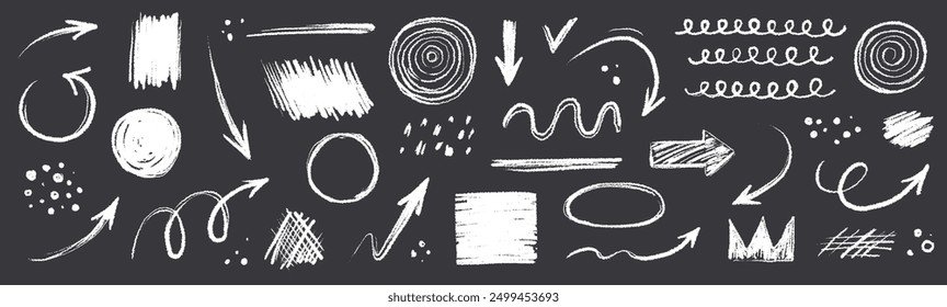 Arrow line chalk hand drawn brush vector set. Grunge square, spiral, arrow element scribble line brush hand drawn sketch design. Grunge abstract chalk, crayon pencil style. Vector illustration.