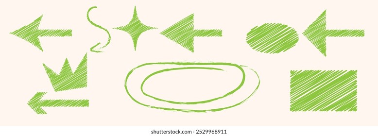 Conjunto de Vector de pincel dibujado a mano de tiza de línea de flecha. Grunge cuadrado, espiral, elemento de flecha garabato línea pincel dibujado a mano diseño de boceto. Tiza abstracta del grunge, estilo del lápiz del crayón. Ilustración vectorial.