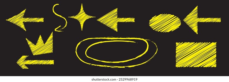 Conjunto de Vector de pincel dibujado a mano de tiza de línea de flecha. Grunge cuadrado, espiral, elemento de flecha garabato línea pincel dibujado a mano diseño de boceto. Tiza abstracta del grunge, estilo del lápiz del crayón. Ilustración vectorial.