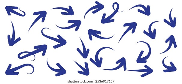 Arrow line chalk hand drawn brush vector set. Grunge square, spiral, arrow element scribble line brush hand drawn sketch design. Grunge abstract chalk, crayon pencil style. Vector illustration.