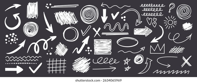 Arrow line chalk hand drawn brush vector set. Grunge square, spiral, arrow element scribble line brush hand drawn sketch design. Grunge abstract chalk, crayon pencil style. [Converted]
