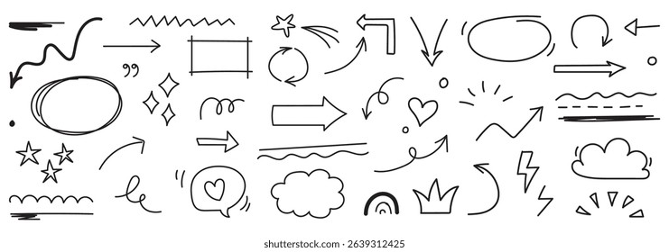 Arrow line chalk hand drawn brush vector set. Grunge square, spiral, arrow element scribble line brush hand drawn sketch design. Grunge abstract chalk, crayon pencil style. Vector illustration.