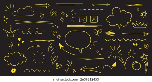 Arrow line chalk hand drawn brush vector set. Grunge square, spiral, arrow element scribble line brush hand drawn sketch design. Grunge abstract chalk, crayon pencil style. Vector illustration.