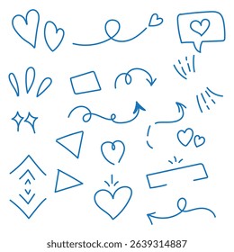 Arrow line chalk hand drawn brush vector set. Grunge square, spiral, arrow element scribble line brush hand drawn sketch design. Grunge abstract chalk, crayon pencil style. Vector illustration.